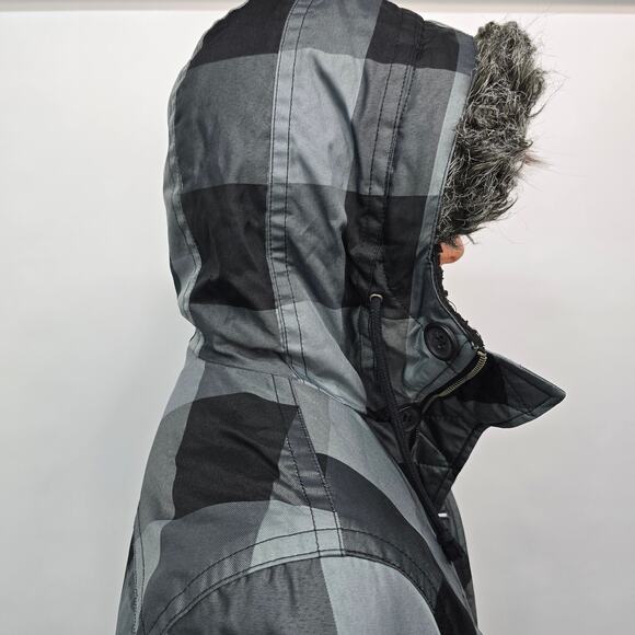 Legendary Goods Hooded Winter Coat Jacket Zip-up Button Men S/M Black Gray Check - Picture 4 of 12